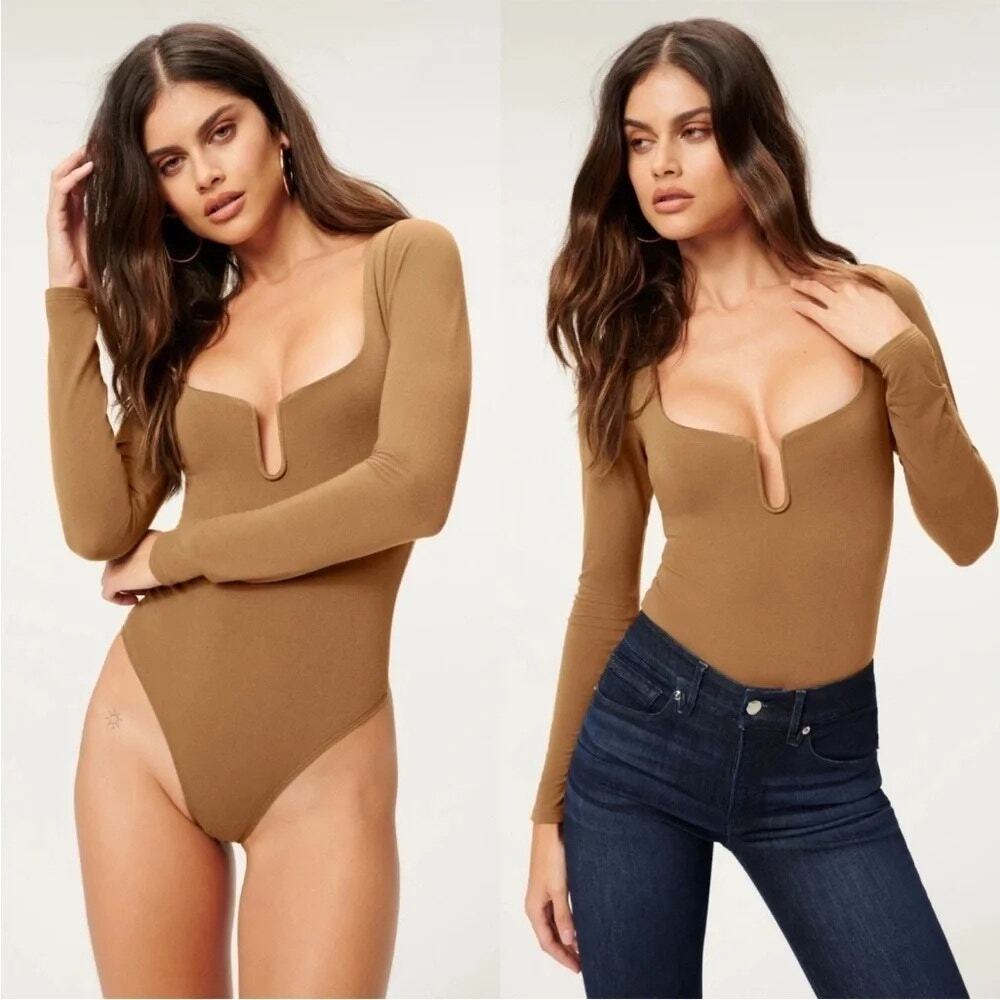 GOOD AMERICAN | Brown U Ring Scoop Neck Long Sleeve Bodysuit Fitted Minimalist 0